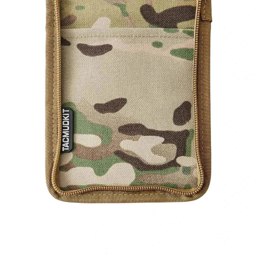 Tactical Notebook Cover in camouflage with durable zipper and storage compartments.