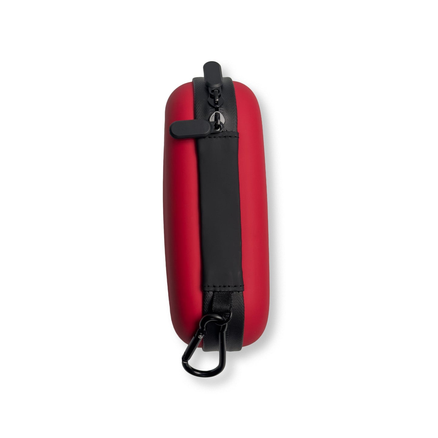 Hard shell compact first aid kit in durable red case with zipper and carabiner.