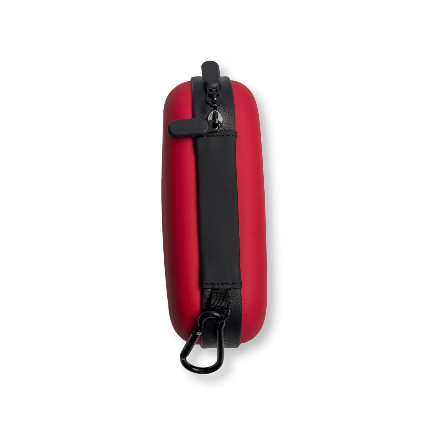 Hard shell compact first aid kit in durable red case with zipper and carabiner.