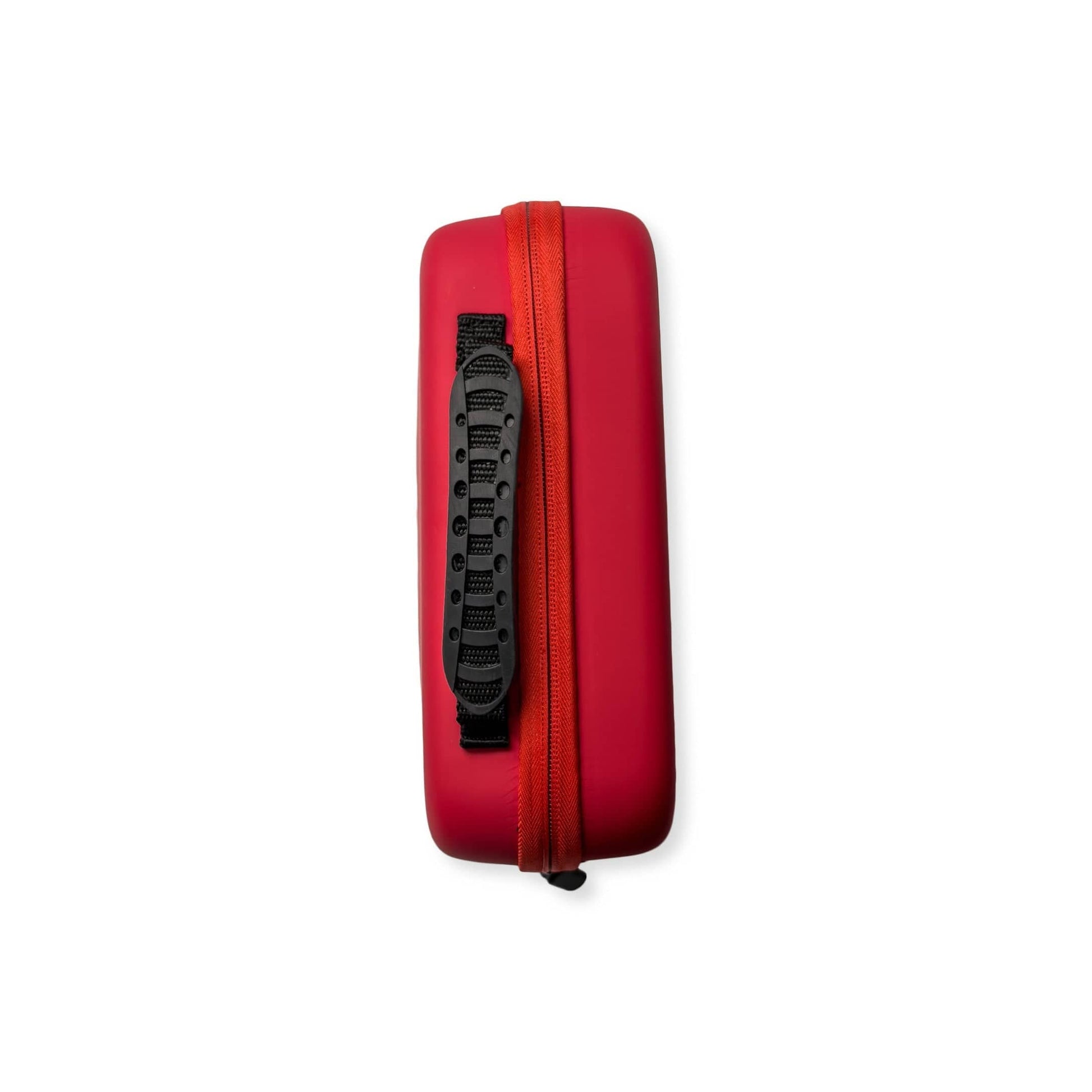 Red hard shell comprehensive first aid kit with black handle, compact and easy to carry.