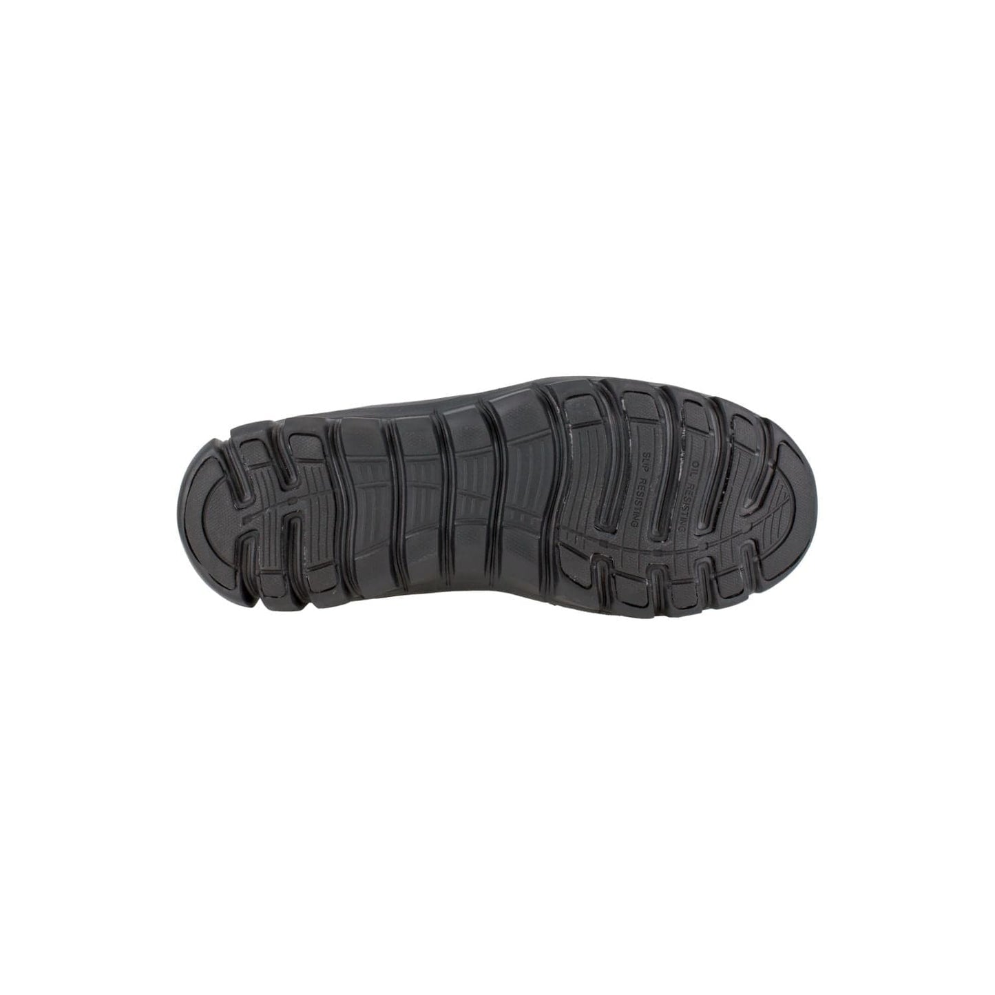 Black rubber outsole of Reebok Sublite Cushion men's tactical boot showing deep flex grooves for traction and flexibility.