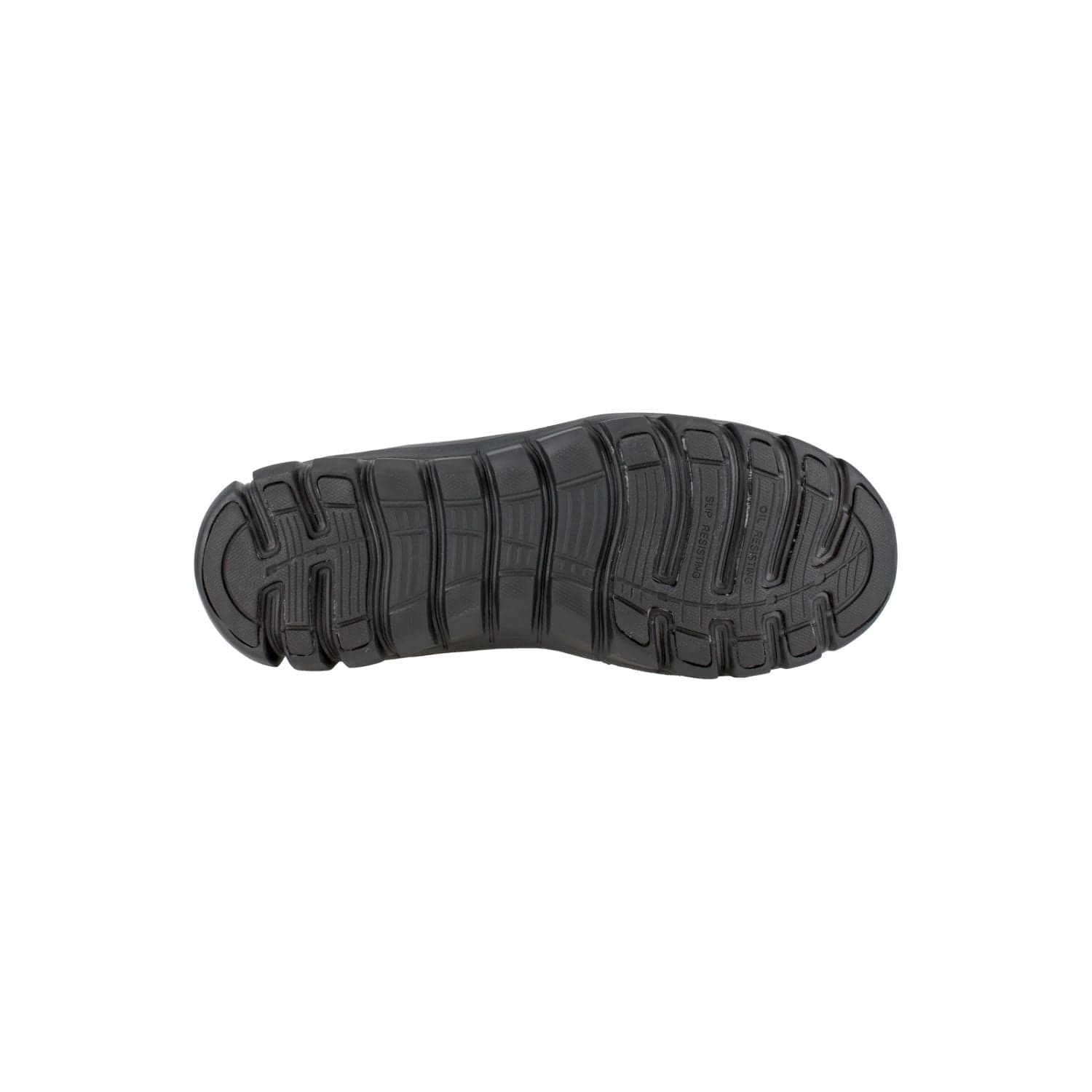 Black rubber outsole of Reebok Sublite Cushion men's tactical boot showing deep flex grooves for traction and flexibility.