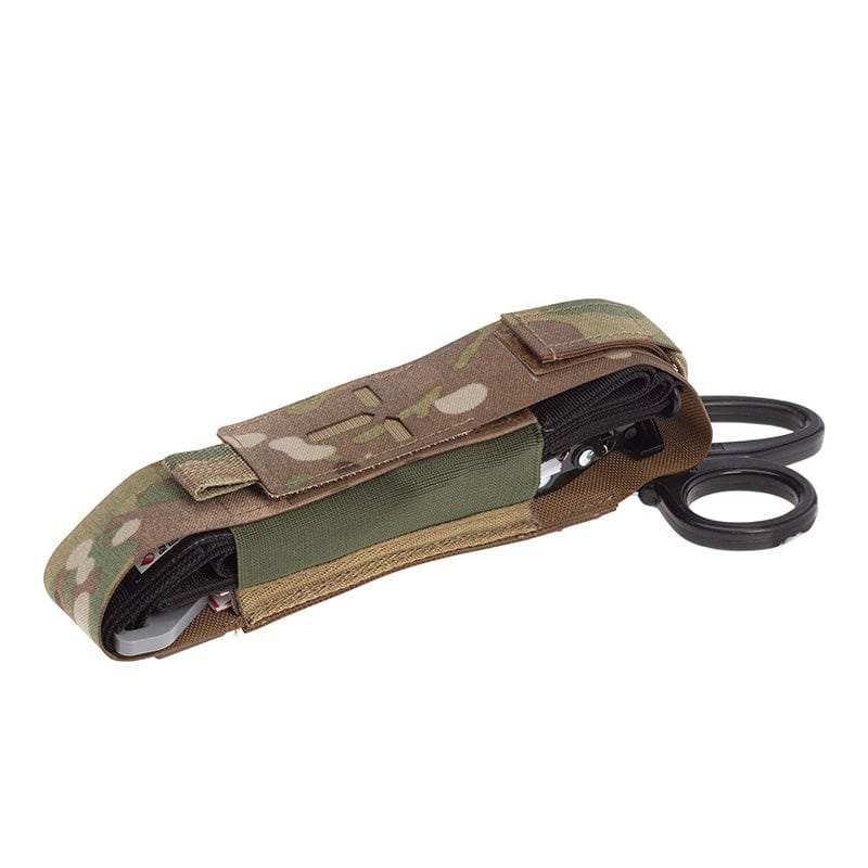 Rapid Response Tourniquet & Shear Pouch, MOLLE compatible, camouflage design, secure and quick access, durable construction.
