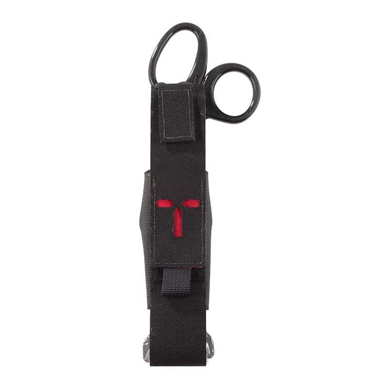 MOLLE compatible black tourniquet and shear pouch with secure Velcro closure.
