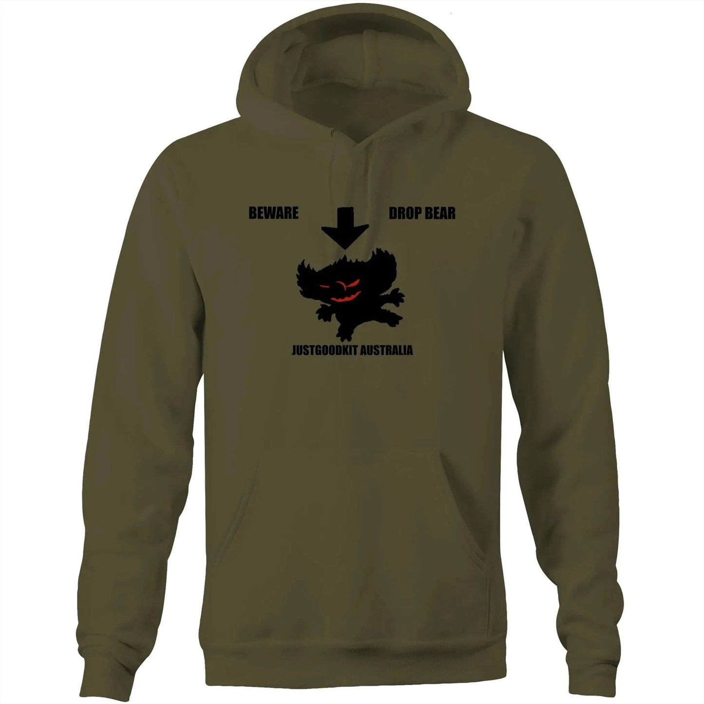 Drop Bear Unisex Pocket Hoodie in khaki featuring drop bear graphic and text, highlighting Australian folklore.