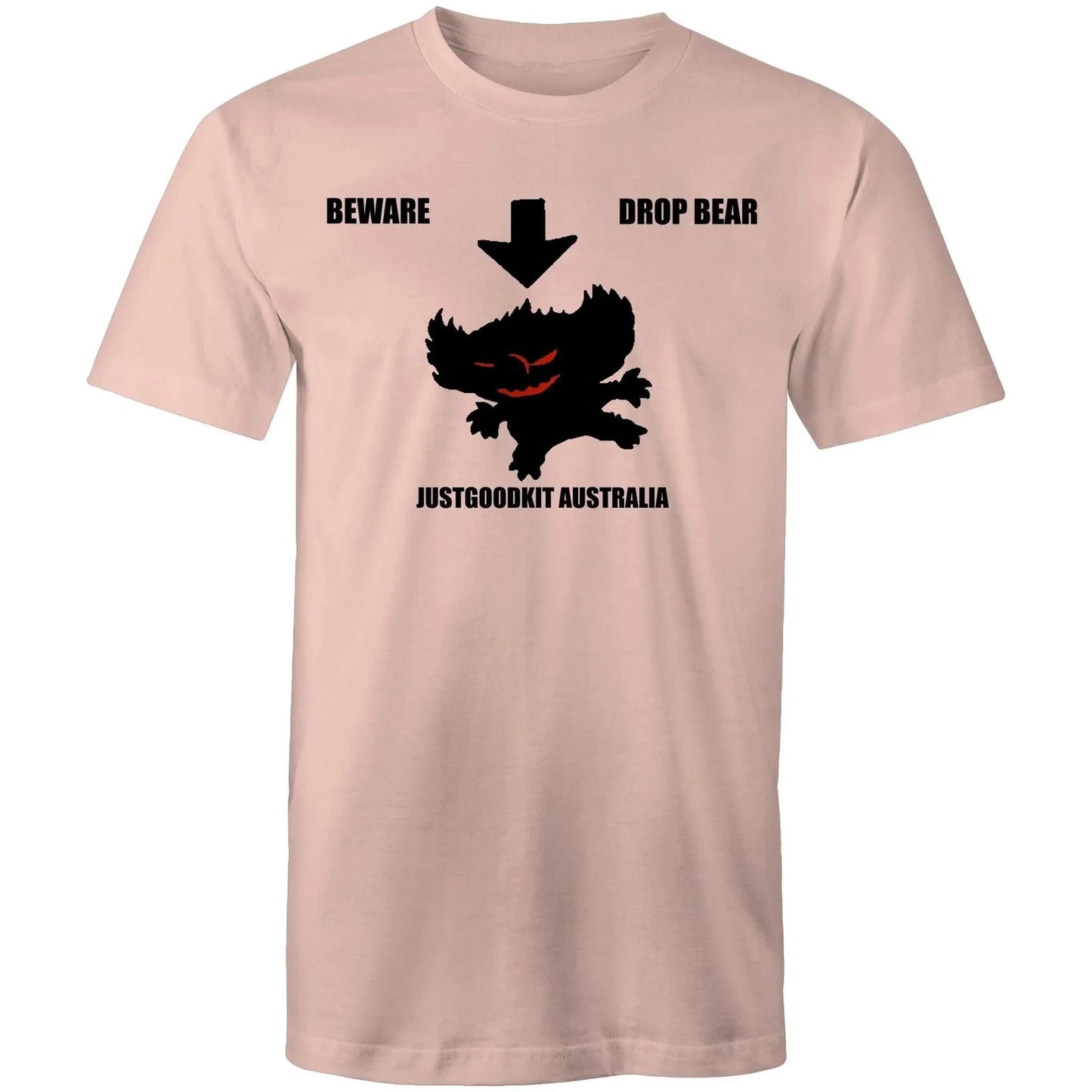 Drop Bear men's T-shirt with black design and "BEWARE DROP BEAR" text, 100% cotton.