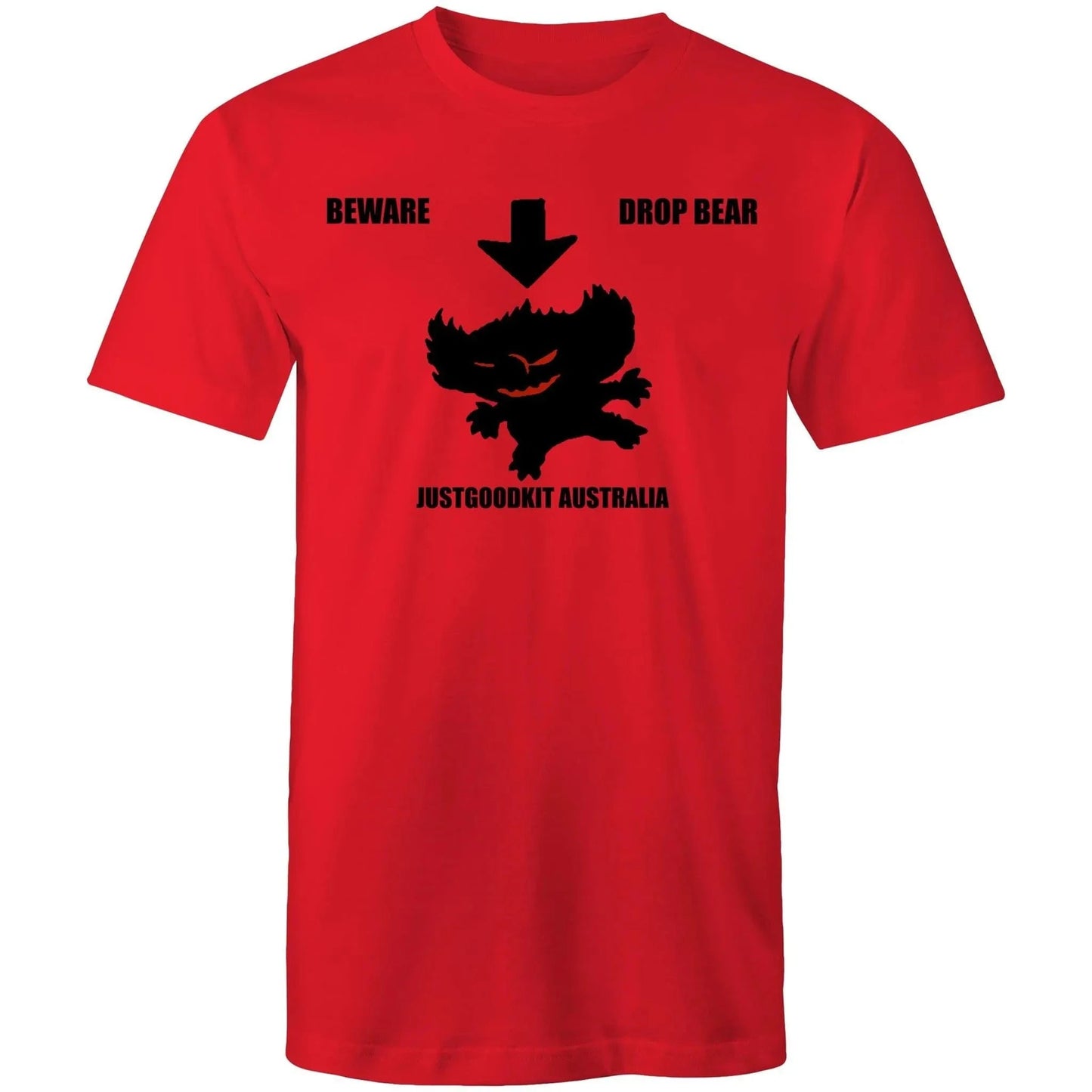 Red Drop Bear men's T-shirt with black drop bear silhouette and text.