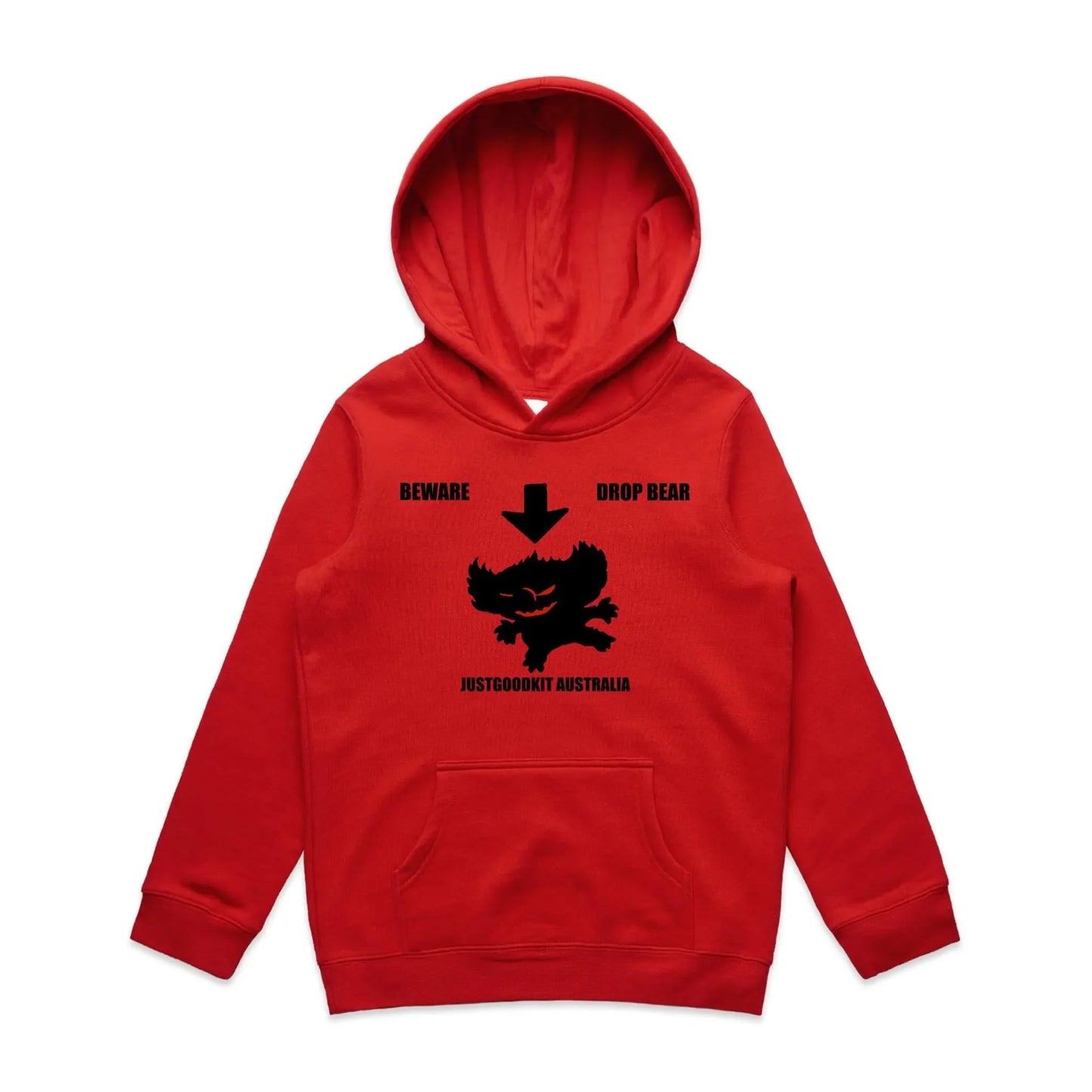 Red Drop Bear Hoodie for Kids with kangaroo pocket and pullover hood.