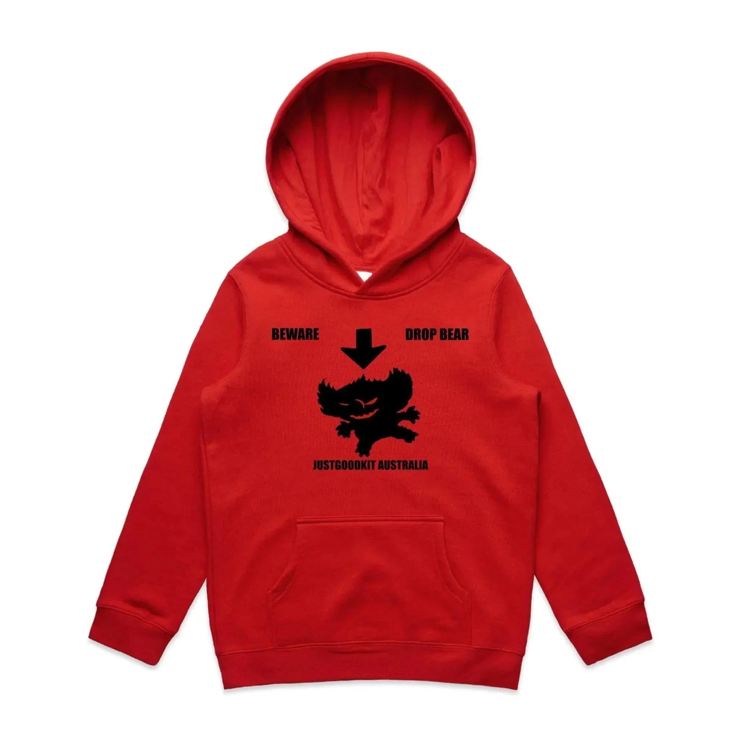 Red kids' Drop Bear hoodie with black graphic and kangaroo pocket.