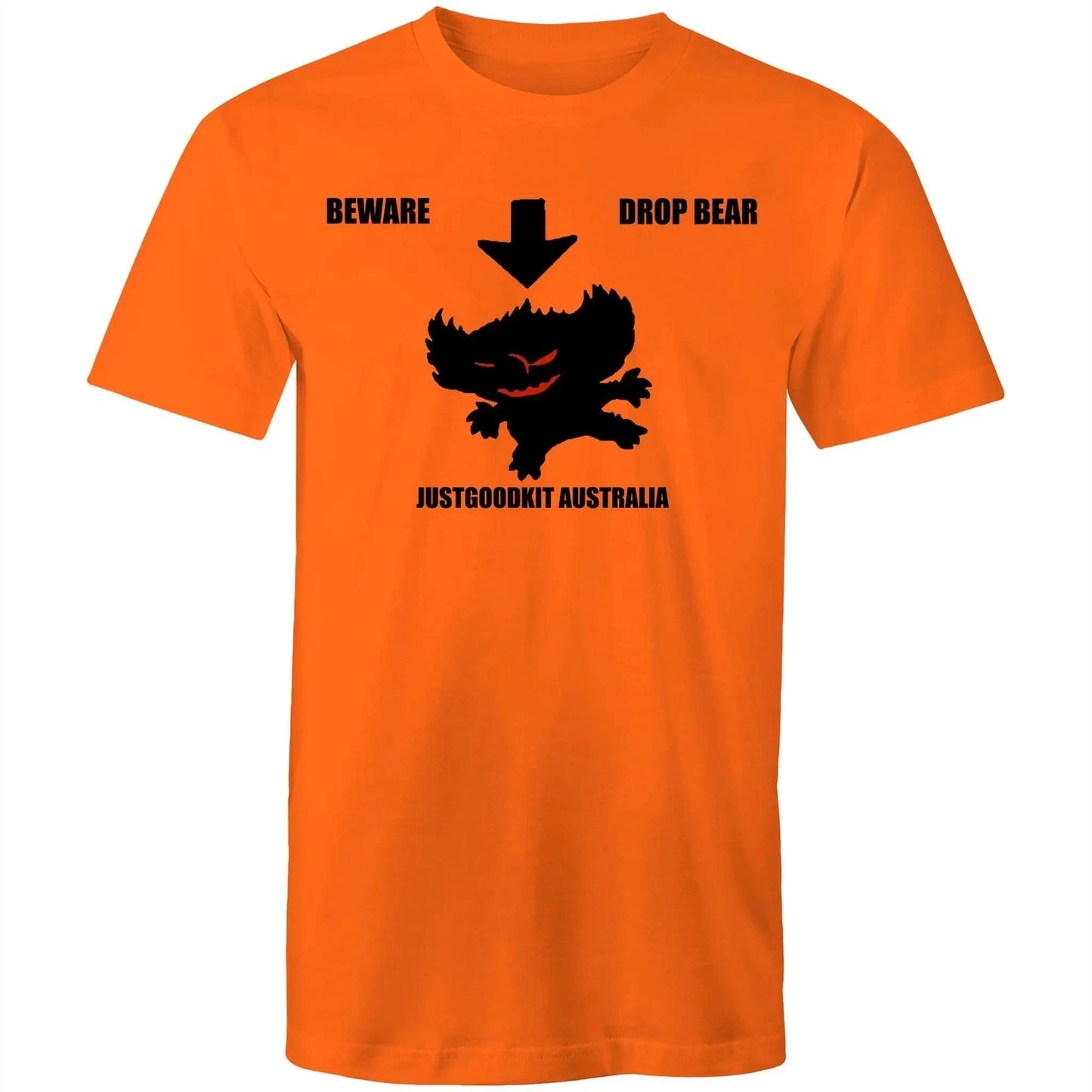Orange Drop Bear men's t-shirt with black graphic and text "Beware Drop Bear" from JustGoodKit Australia.