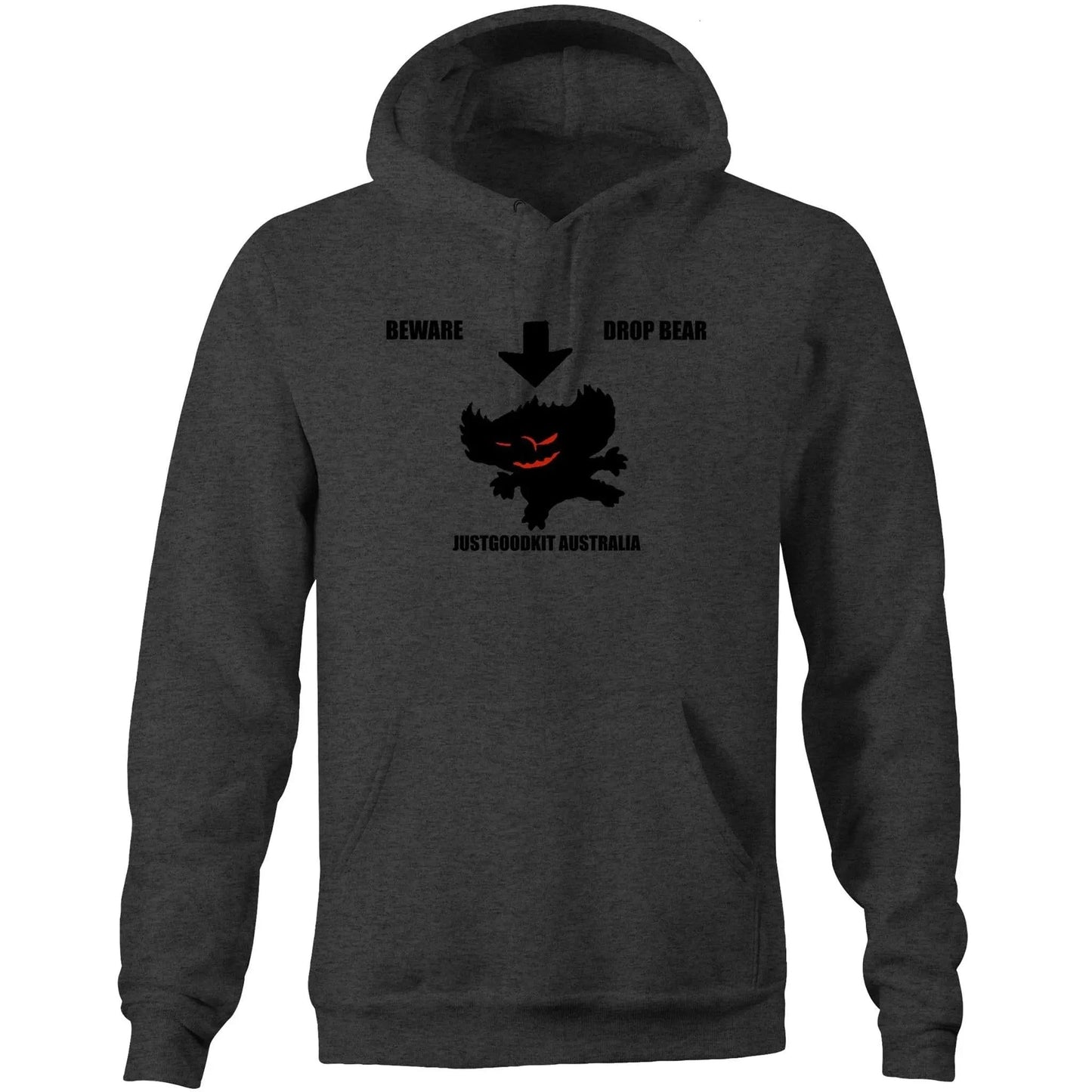 Dark grey Drop Bear Unisex Pocket Hoodie featuring a hood, kangaroo pocket, and drop bear design for comfort and style.