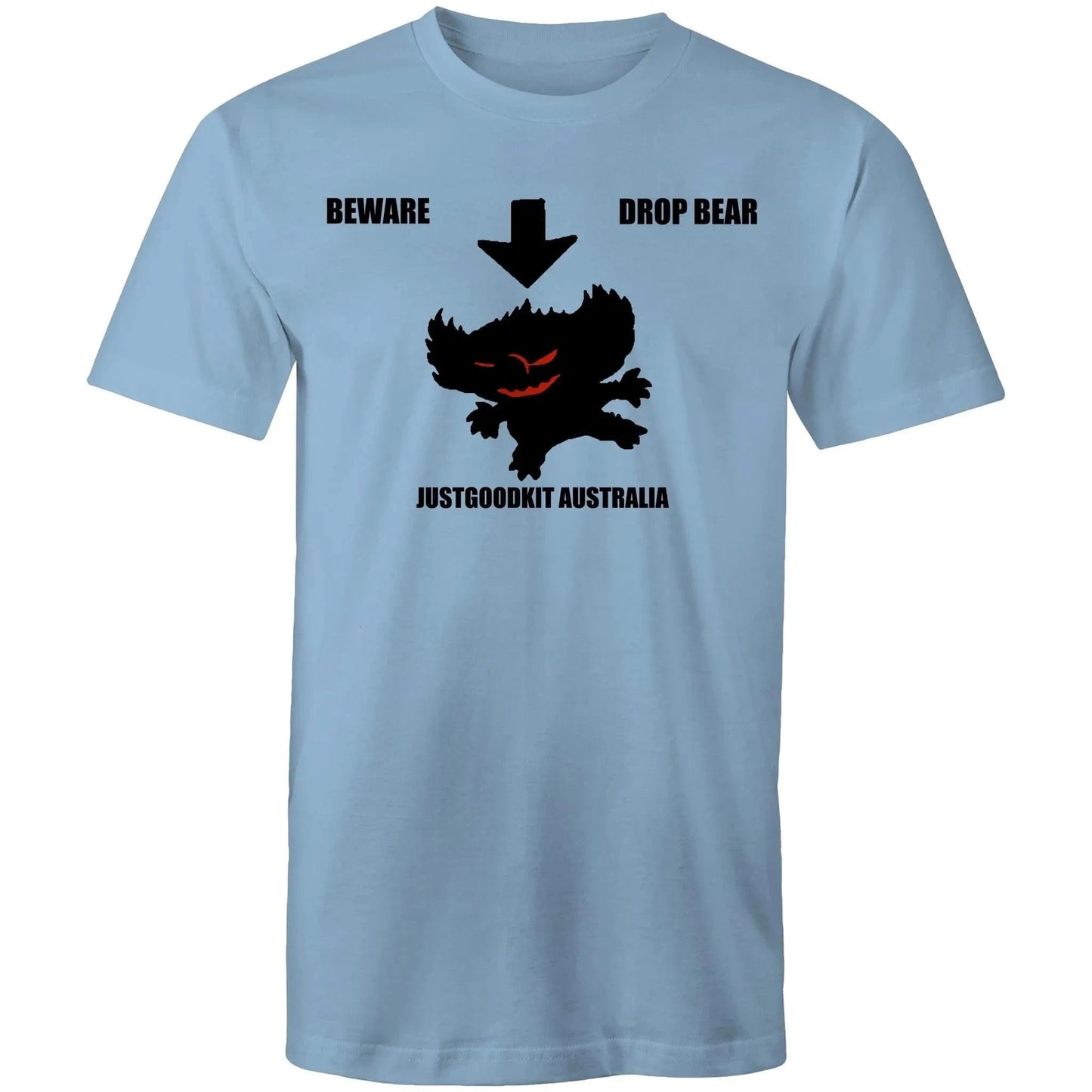 Drop Bear men's t-shirt featuring Australian folklore graphic, soft blue cotton fabric.