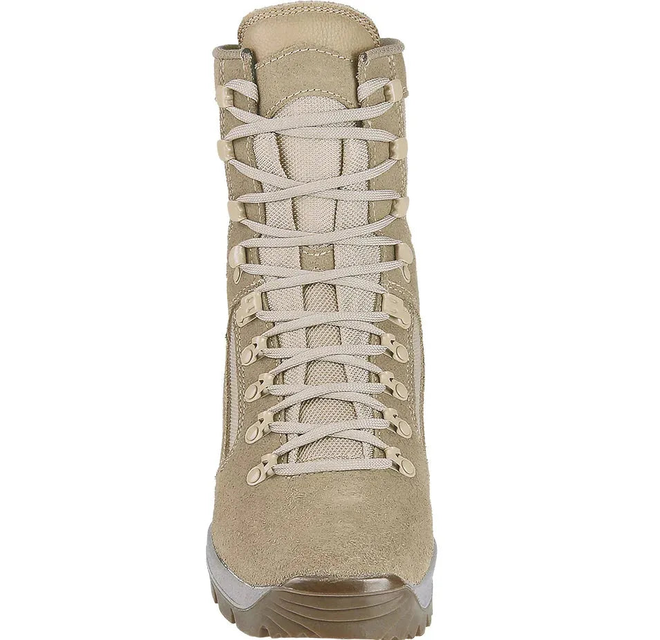 Beige Meindl Desert Fox tactical boot with reinforced toe cap and durable laces, designed for harsh conditions.