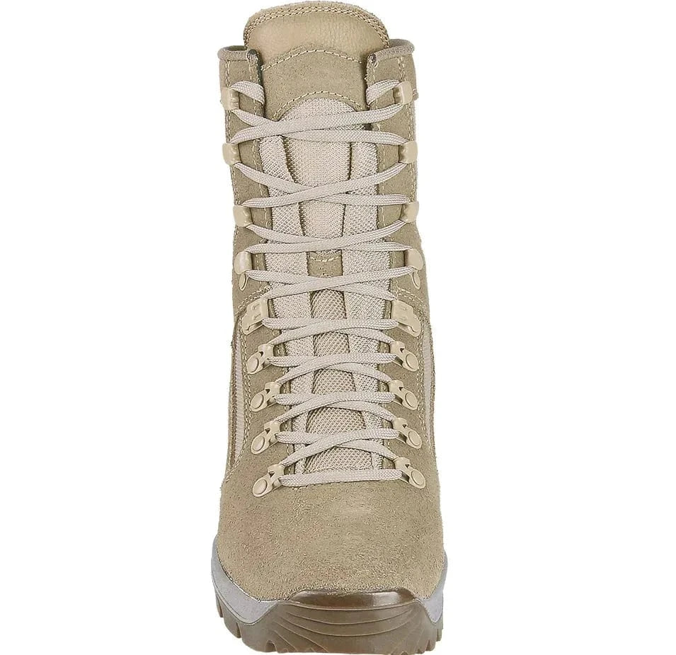 Beige Meindl Desert Fox tactical boot with reinforced toe cap and durable laces, designed for harsh conditions.