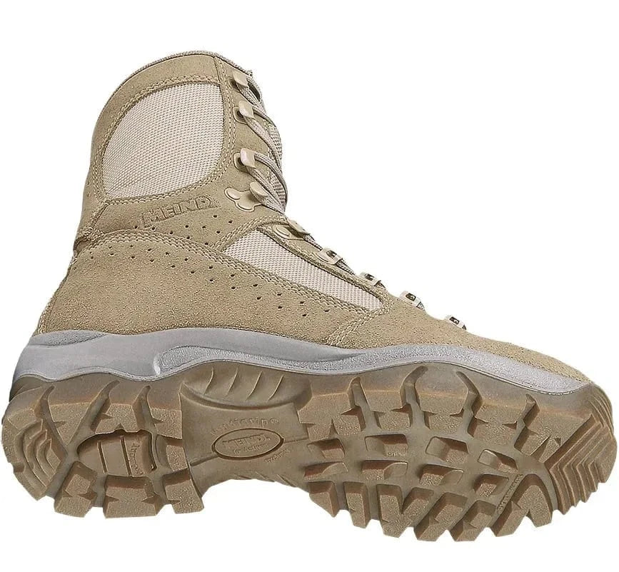 Tactical boot with durable suede material, breathable mesh panels, and rugged outsole for grip; Meindl Desert Fox design.