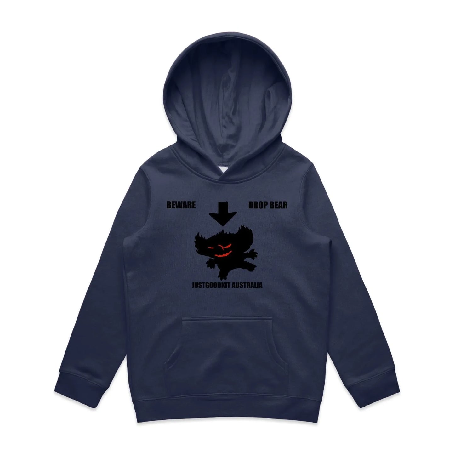 Navy blue Drop Bear Hoodie for kids with a kangaroo pocket and playful Drop Bear design.