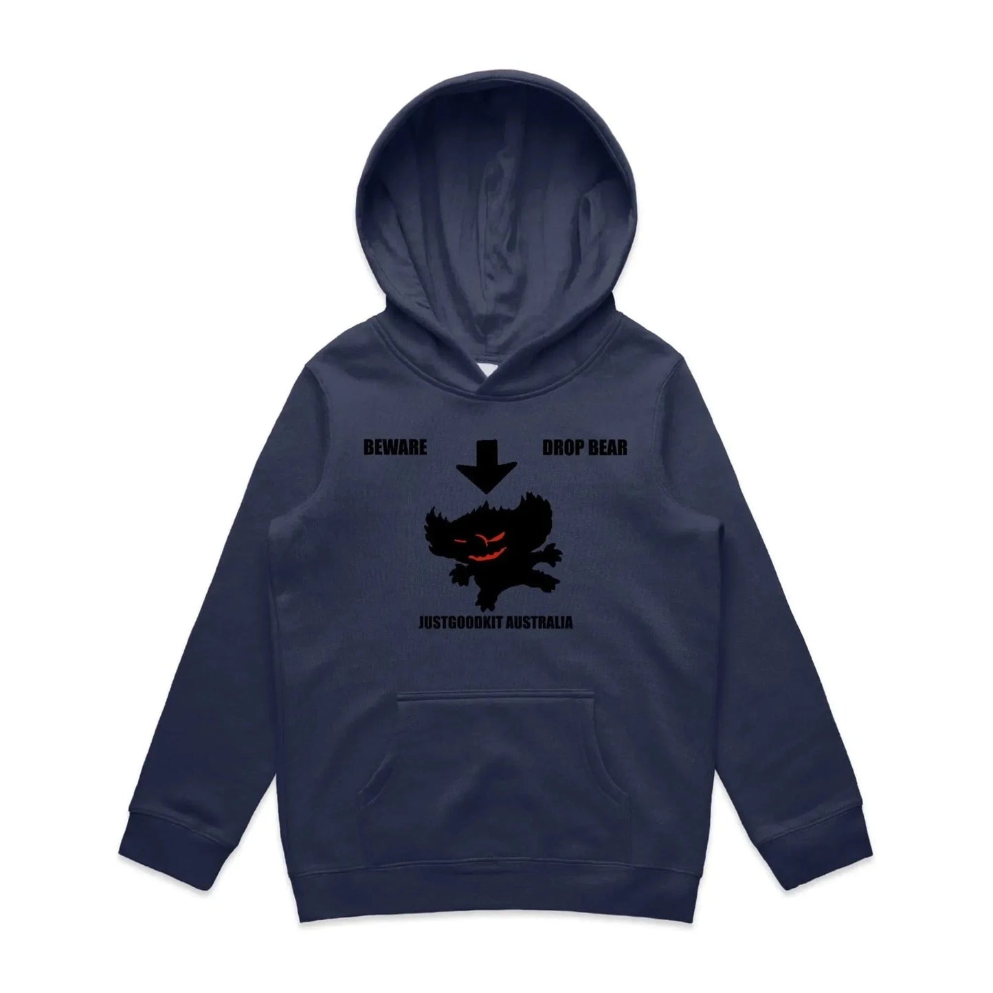 Drop Bear Hoodie for kids, navy blue, featuring a drop bear graphic with text, kangaroo pocket, preshrunk anti-pill fleece, adjustable drawcord.