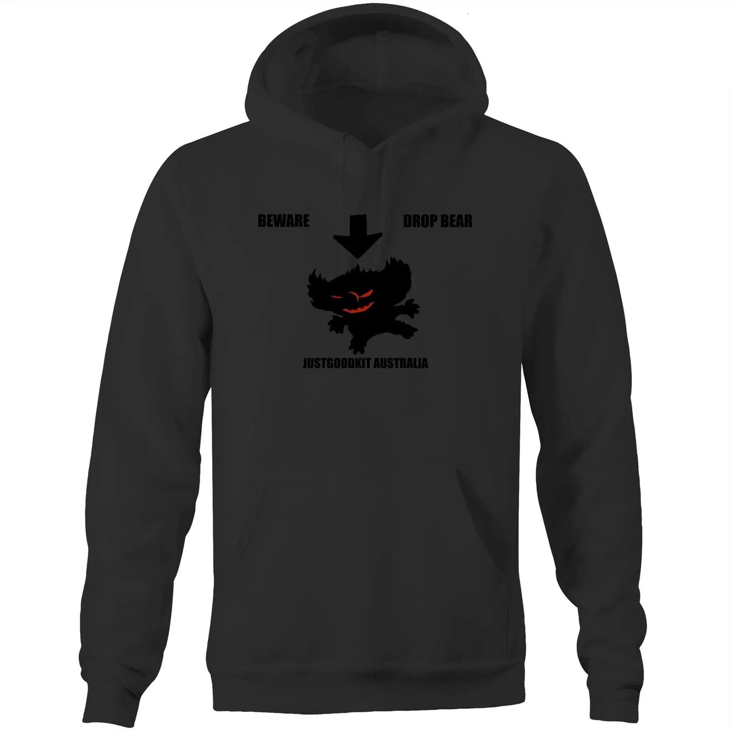 Unisex black hoodie featuring a Drop Bear design with kangaroo pocket and adjustable hood.
