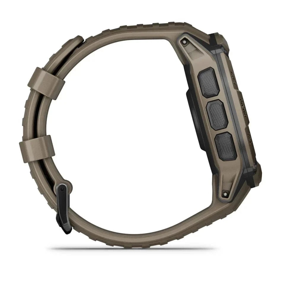 Garmin Instinct 2X Solar Tactical Edition rugged GPS smartwatch with robust 50mm case, side view.
