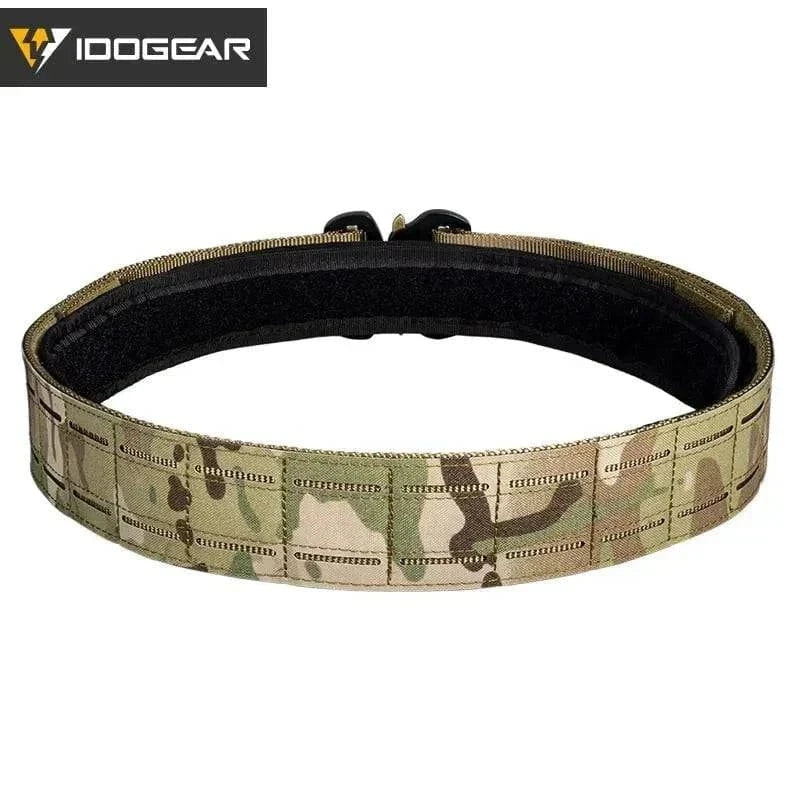 Multicam tactical belt with MOLLE system and metal buckle.