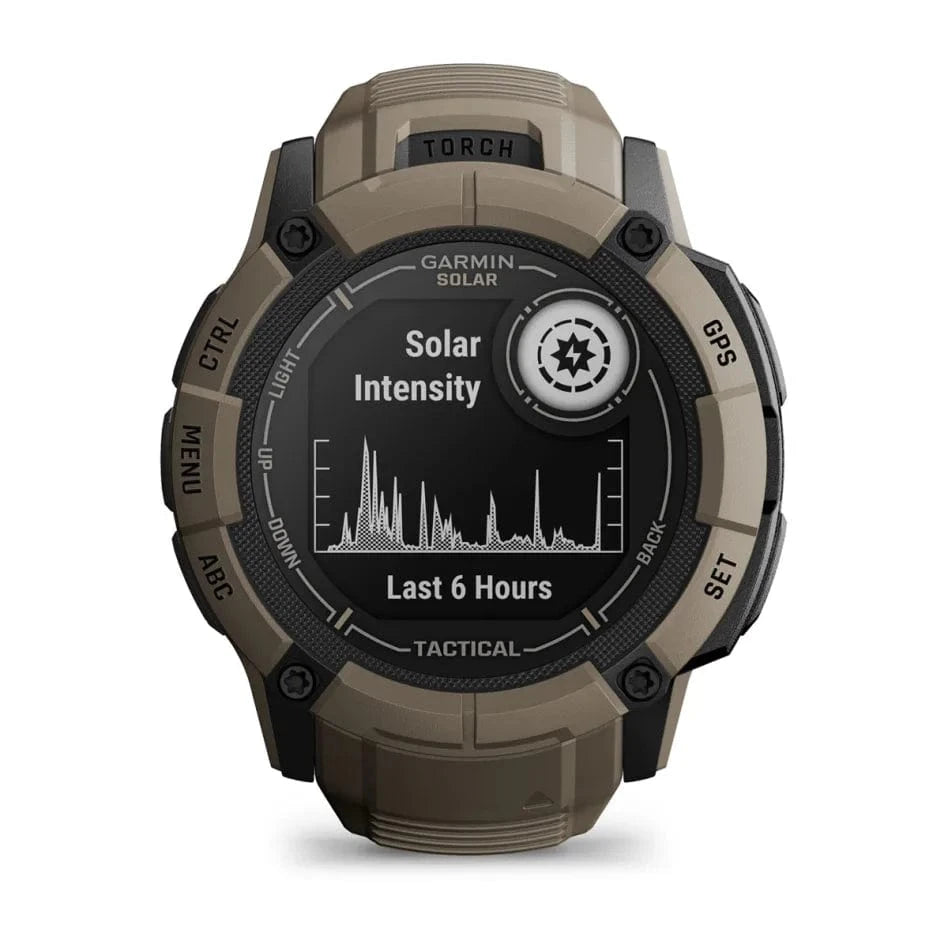 Rugged Garmin Instinct 2X Solar Tactical Edition GPS smartwatch displaying solar intensity for tactical missions.