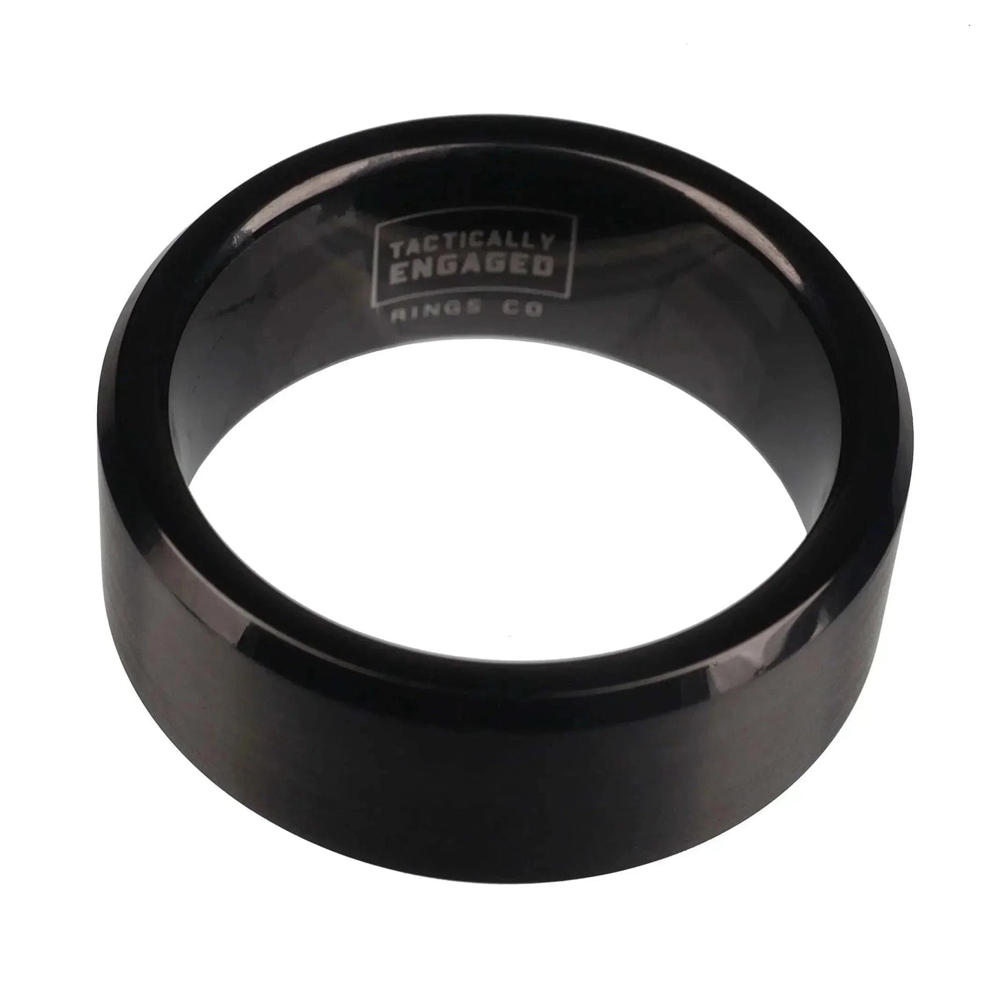 Beveled black tungsten ring with Tactically Engaged logo engraved inside.