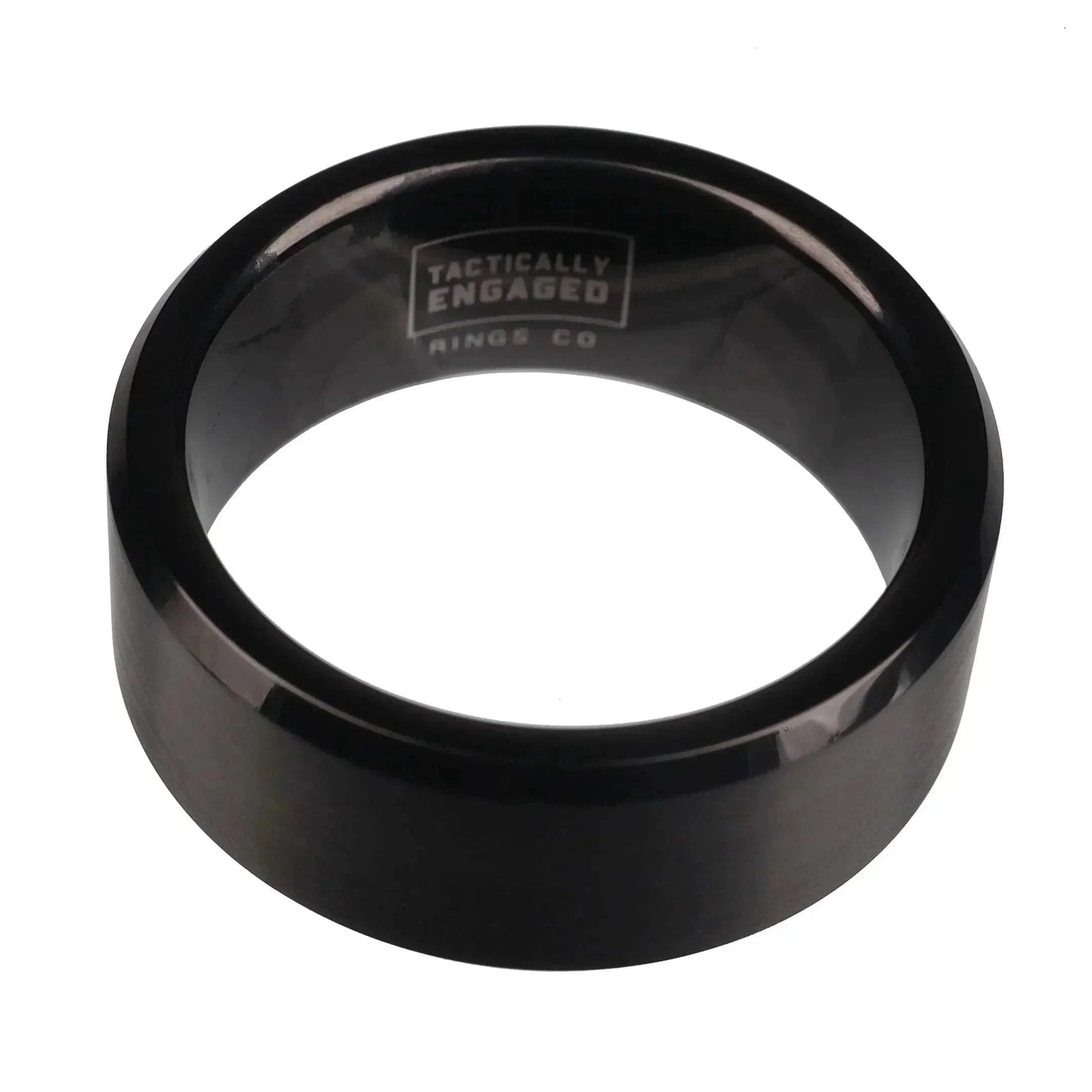 Beveled black tungsten ring with Tactically Engaged logo engraved inside.