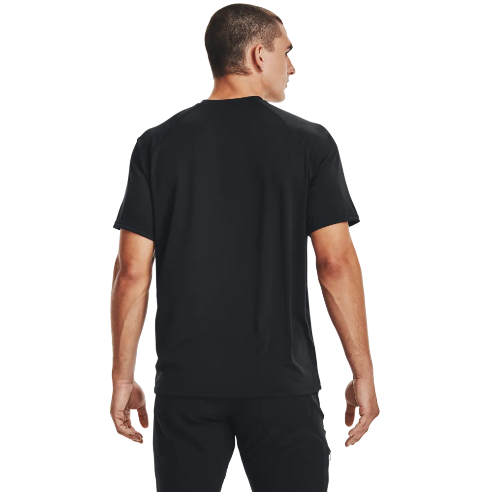 Men's UA Tactical Tech™ Short Sleeve T-Shirt in black, showcasing lightweight UA Tech™ fabric and loose fit for comfort and functionality.