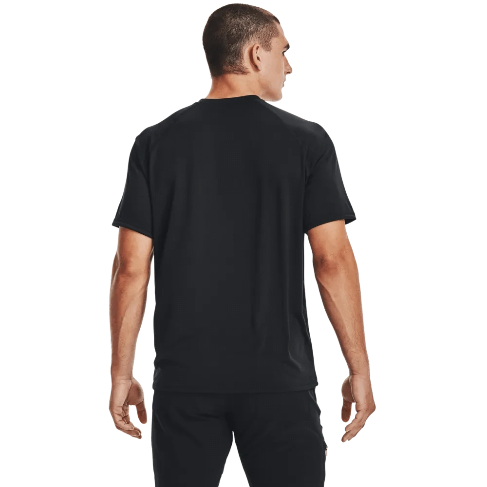 Men's UA Tactical Tech™ Short Sleeve T-Shirt in black, showcasing lightweight UA Tech™ fabric and loose fit for comfort and functionality.
