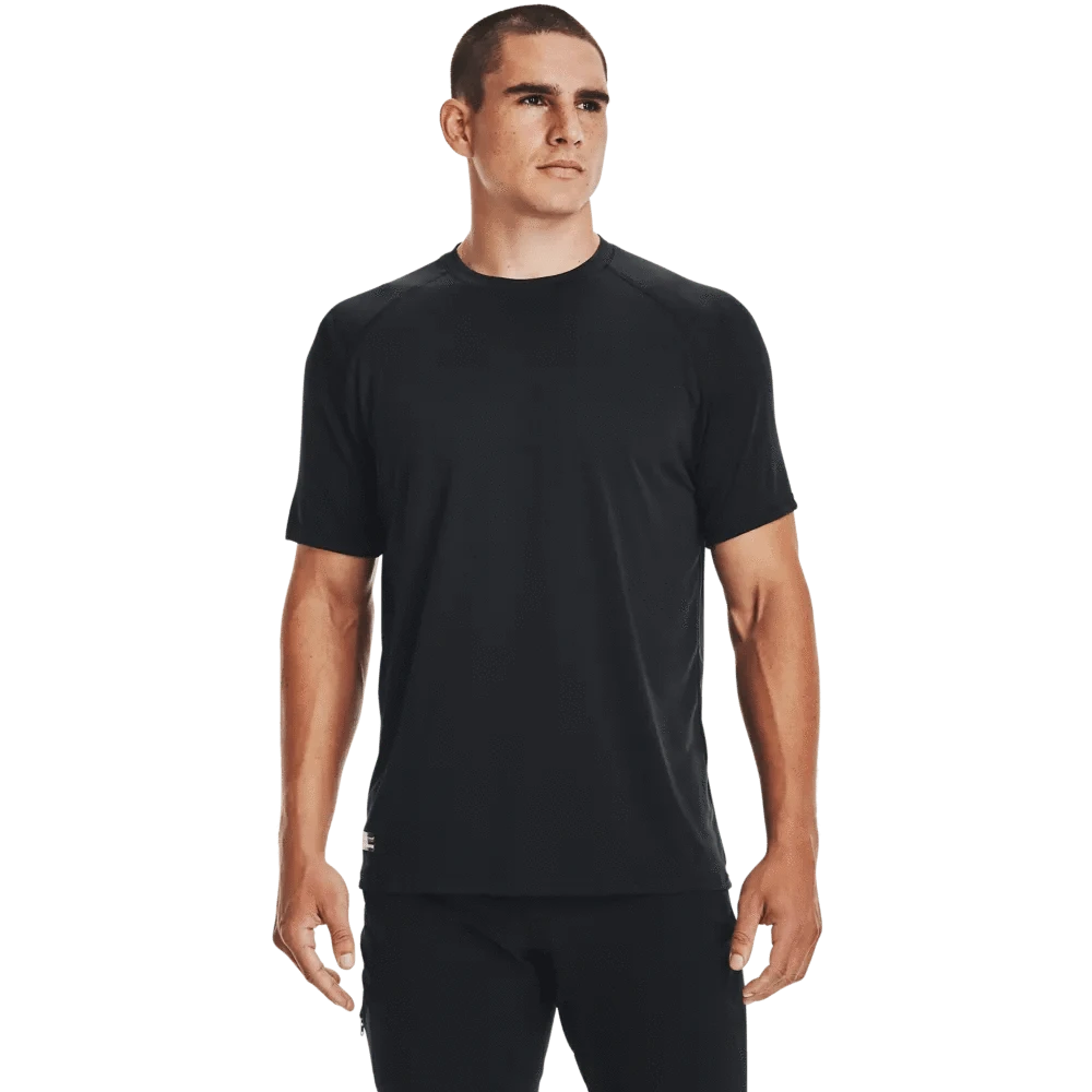 Men’s UA Tactical Tech™ Short Sleeve T-Shirt in black showcasing lightweight, moisture-wicking UA Tech™ fabric for comfort and performance.