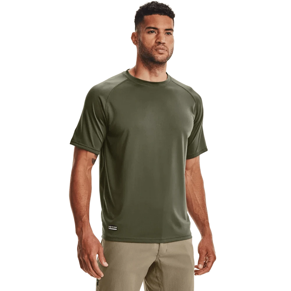 Men’s UA Tactical Tech™ Short Sleeve T-Shirt in olive, featuring lightweight UA Tech™ fabric for comfort and moisture-wicking performance.