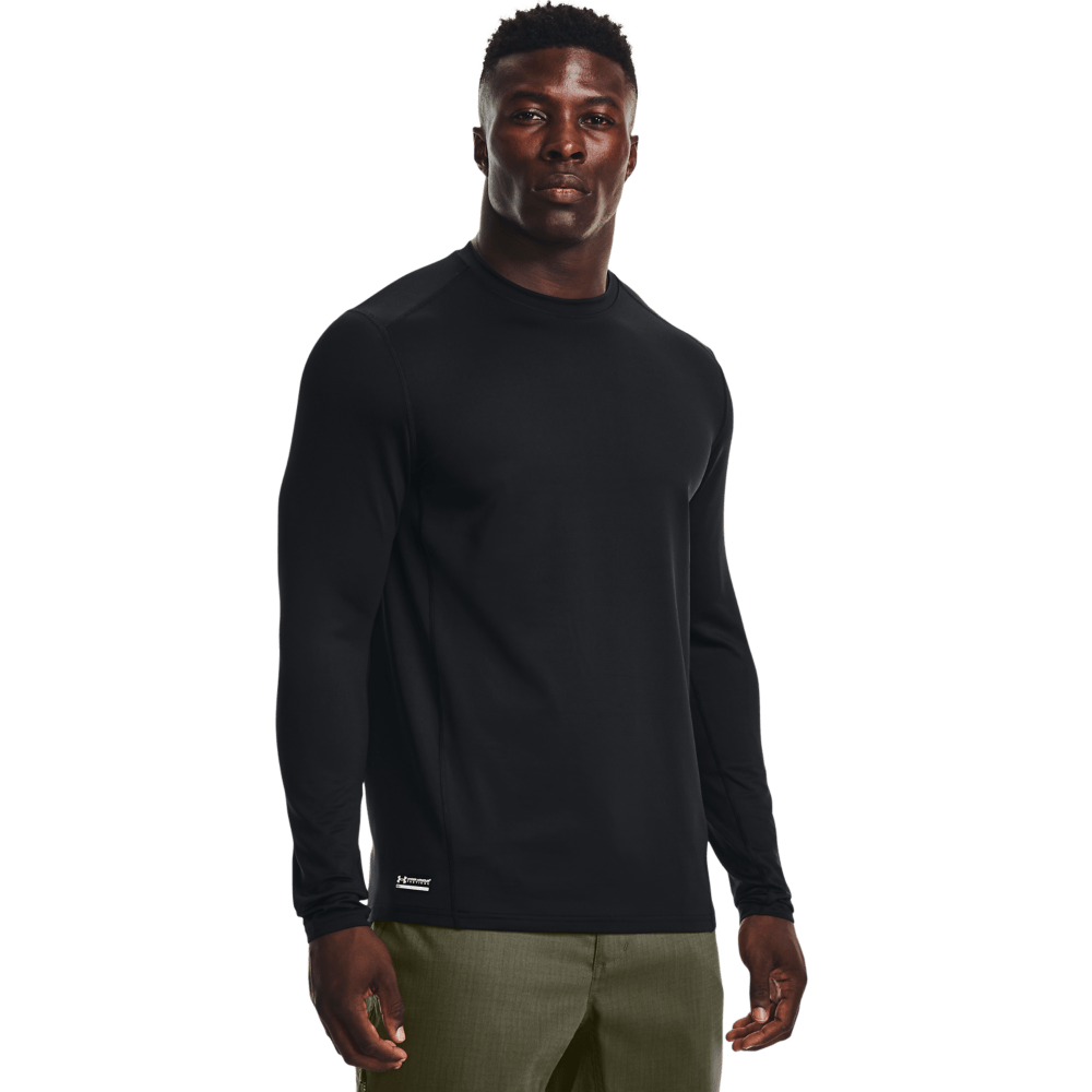 Men's UA Tactical ColdGear® Infrared Base Crew in black on a model, showcasing dual-layer fabric and thermal technology.