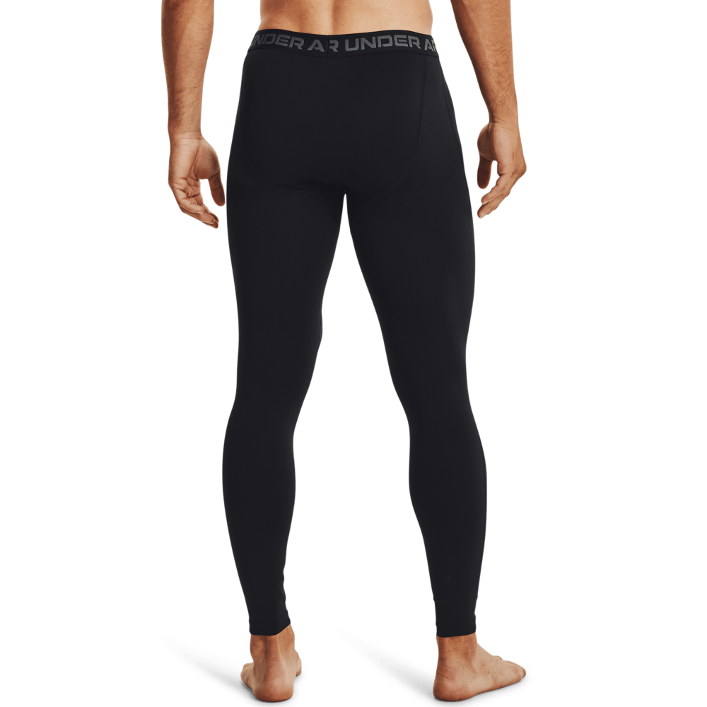 Men's UA Tactical ColdGear® Infrared Base Leggings, black, rear view showcasing elastic waistband.