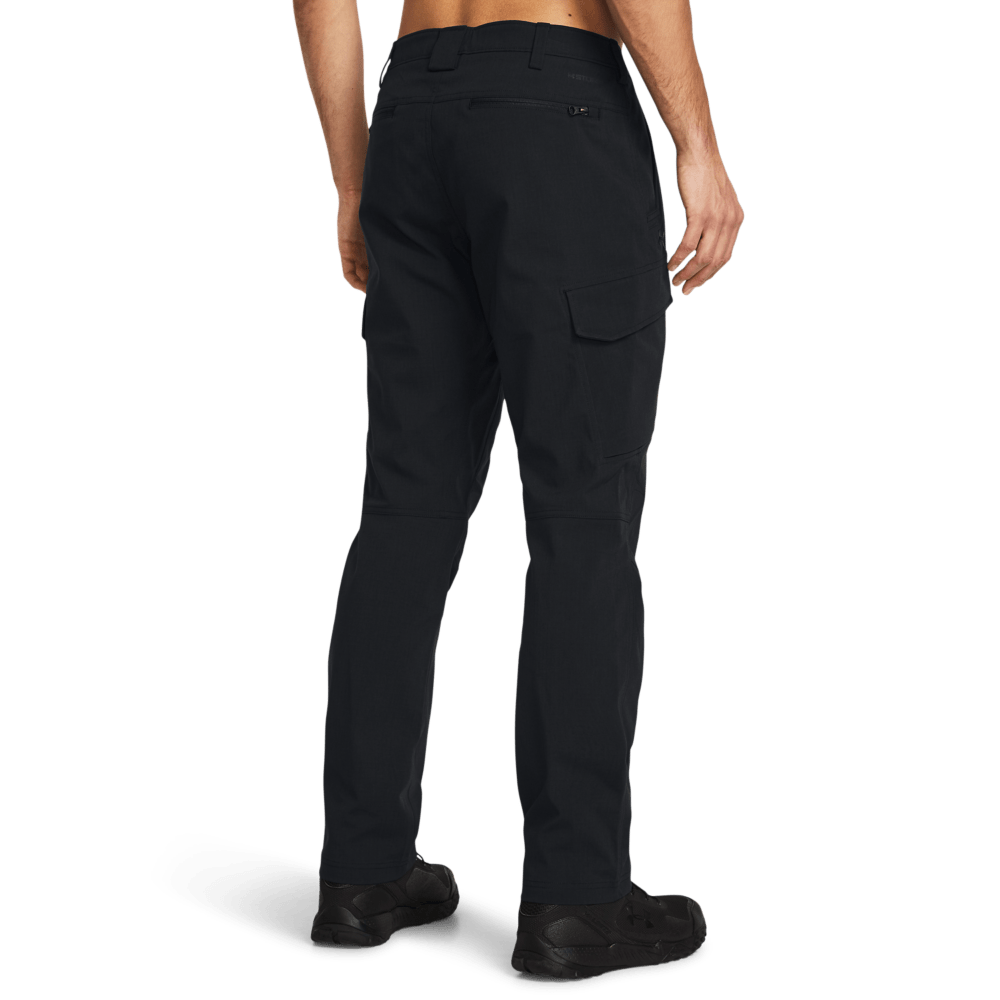 UA Enduro Elite Cargo Pant in black, showcasing durable ripstop fabric, articulated knees, and flap closure cargo pockets.