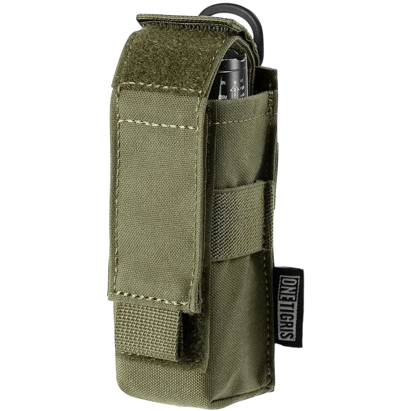Flashlight pouch made from durable 1000D Cordura nylon with MOLLE compatibility and secure strap.