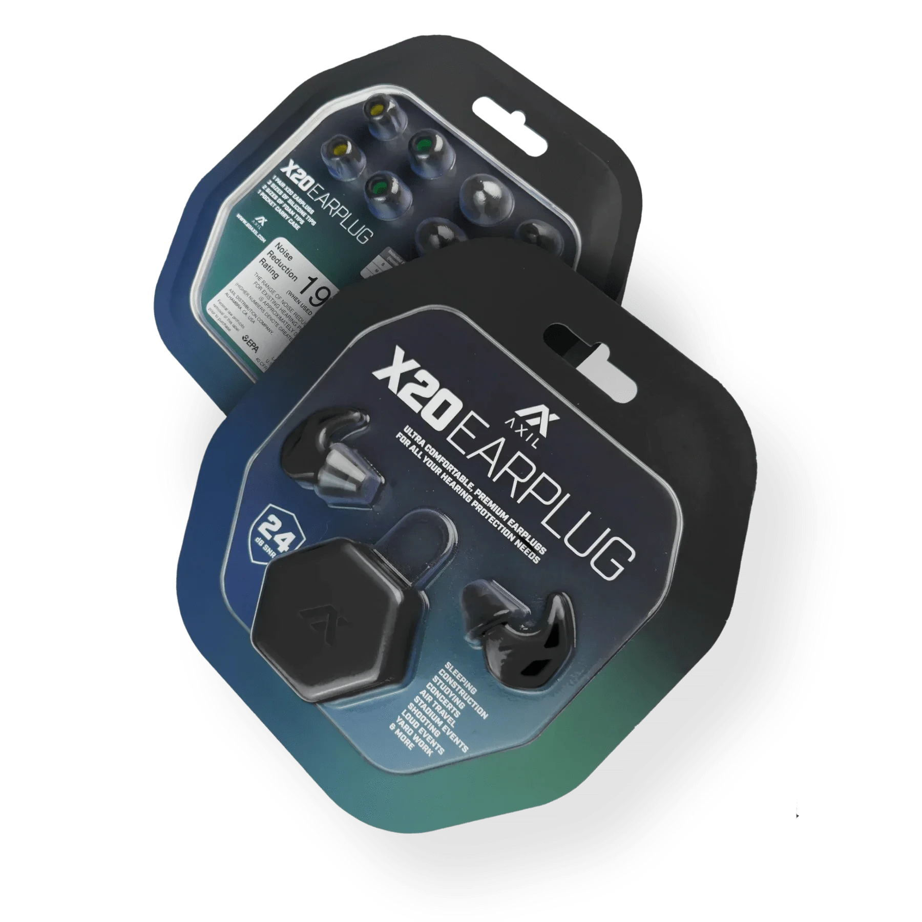 Axil X20 Earplugs packaging with customizable tip sizes for noise protection.