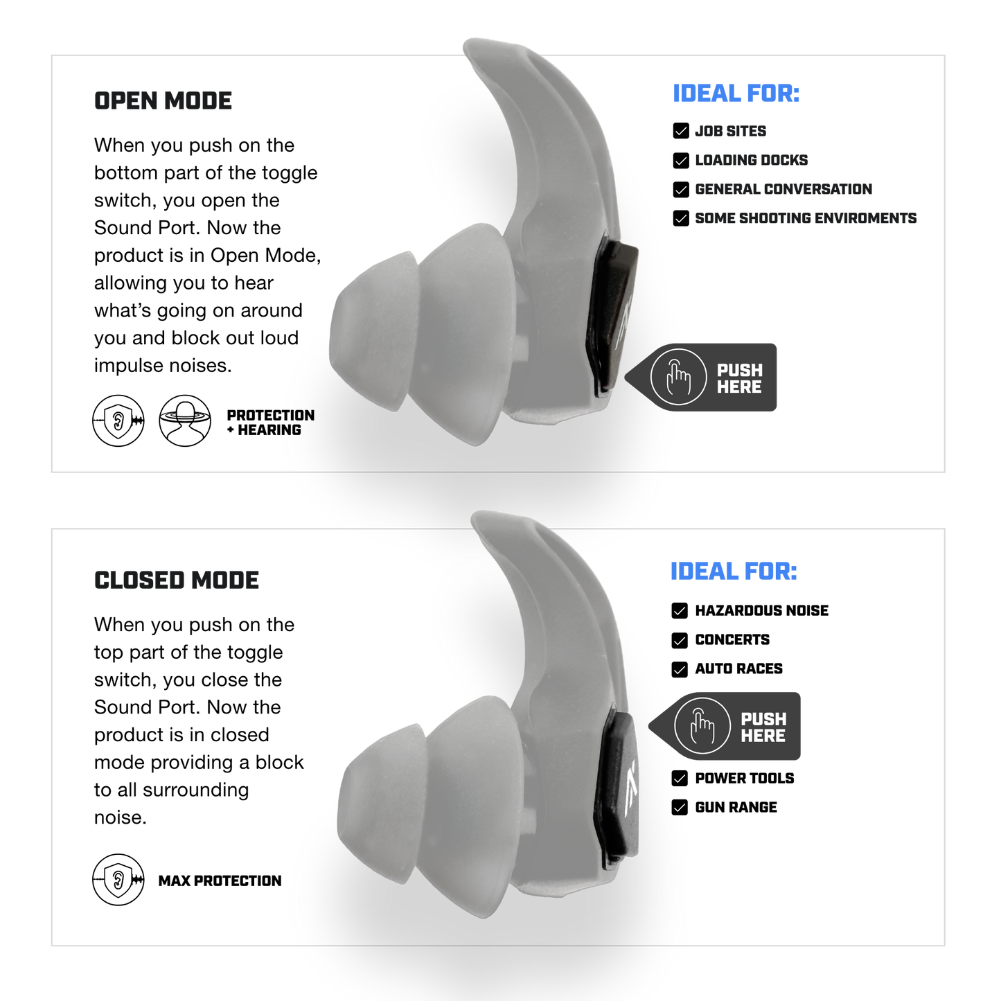 Axil X30i Earplugs with dual-mode noise protection and customizable fit.