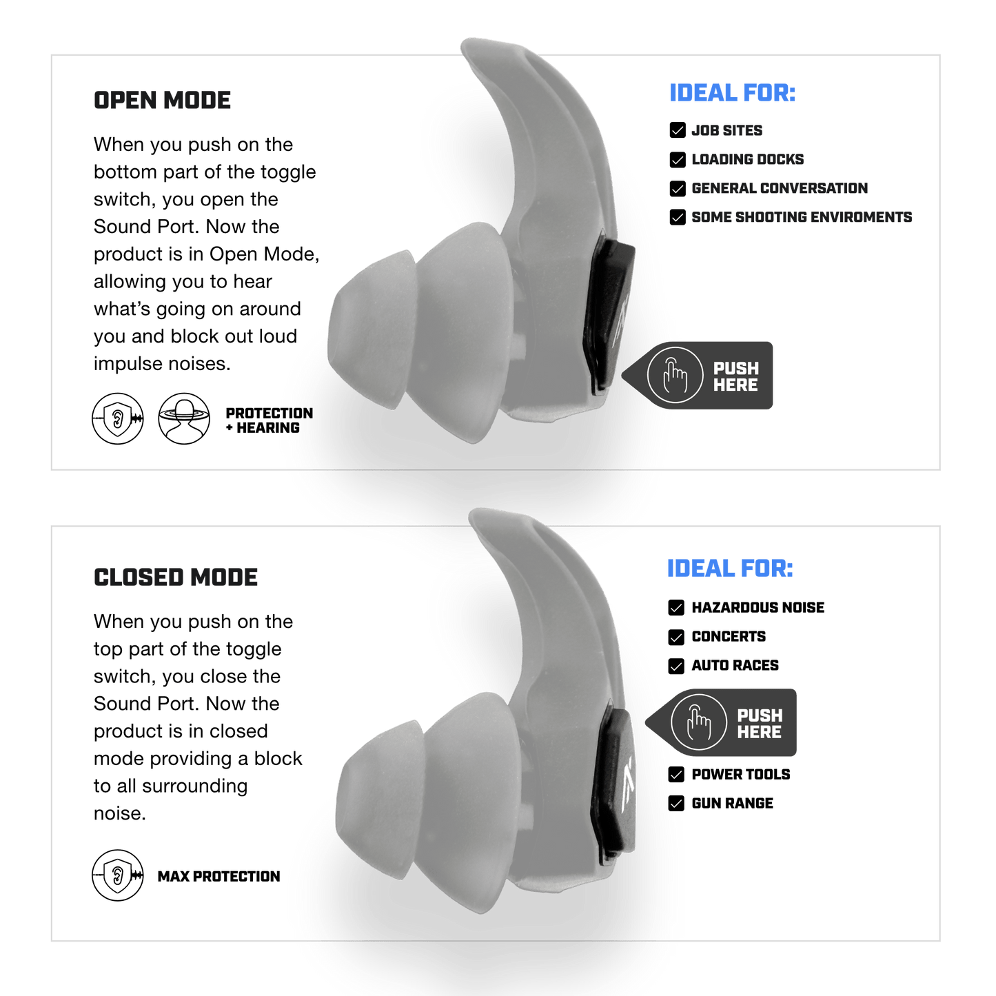 Axil X30i Earplugs with dual-mode noise protection and customizable fit.