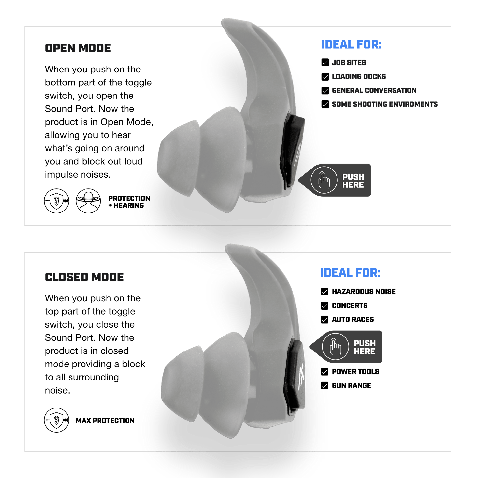 Axil X30i Earplugs with dual-mode noise protection and customizable fit.