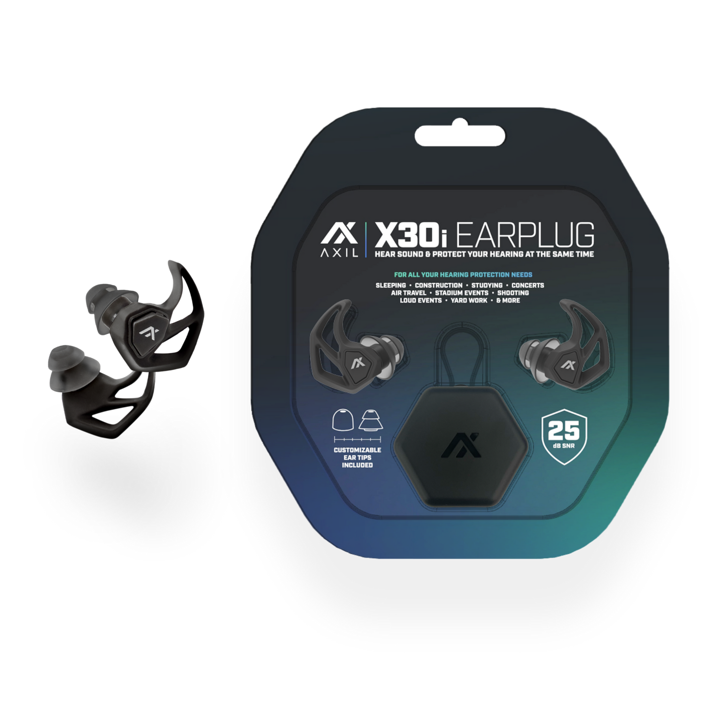 Axil X30i Earplugs packaging and earplugs with interchangeable tips for customizable fit and noise protection.