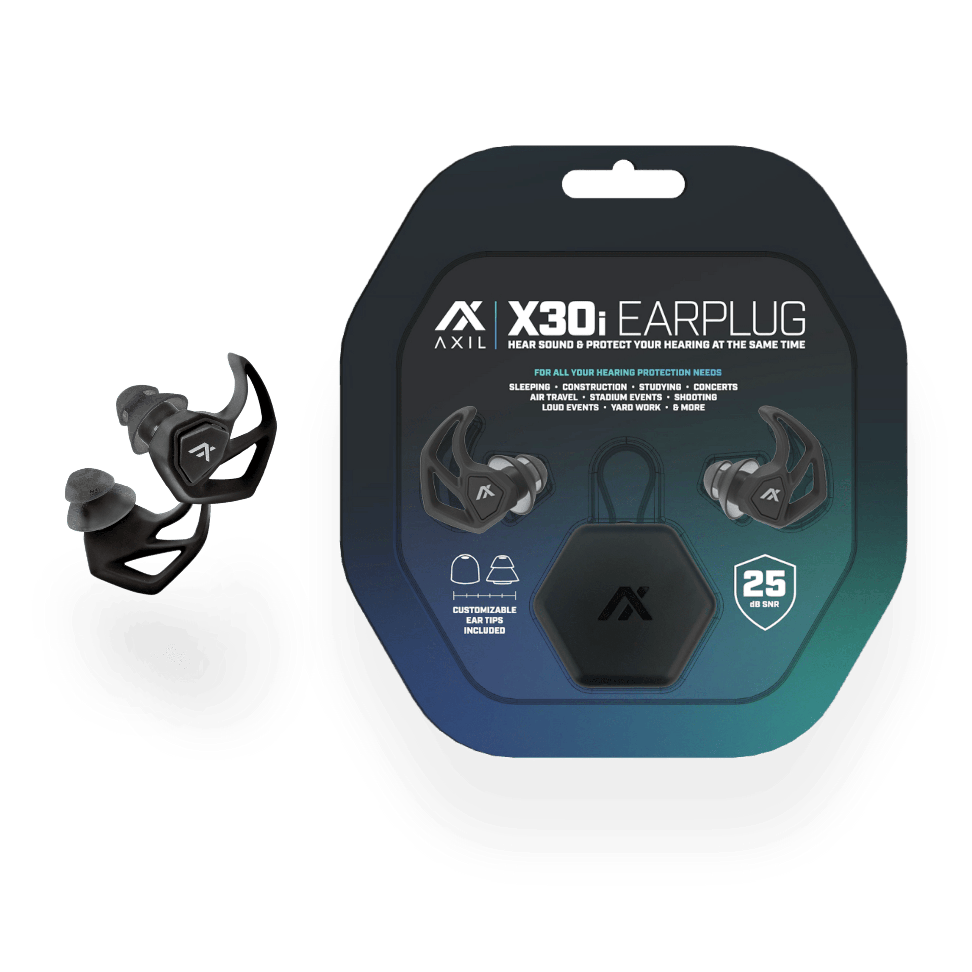 Axil X30i Earplugs packaging and earplugs with interchangeable tips for customizable fit and noise protection.