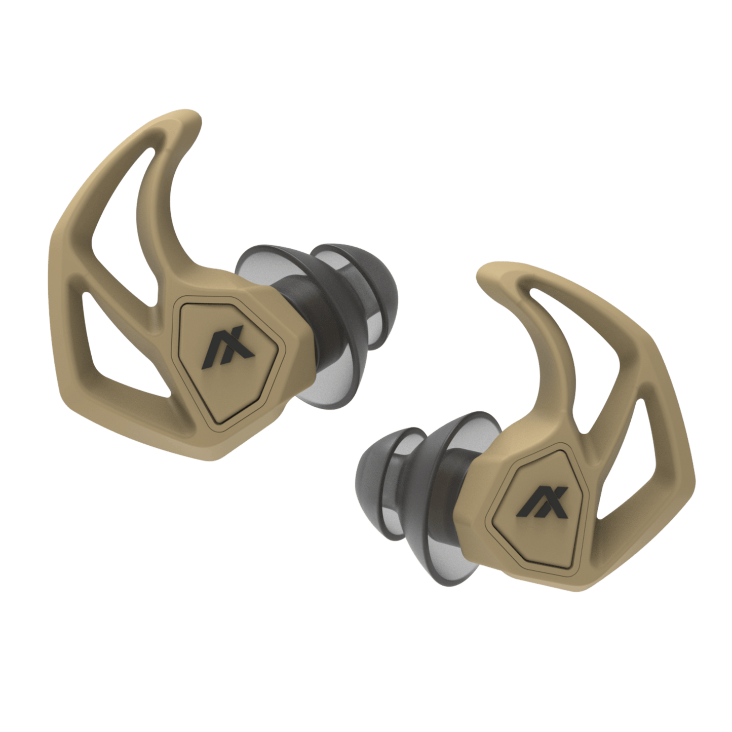 Axil X30i Earplugs with dual-mode noise protection and custom fit in tan color.