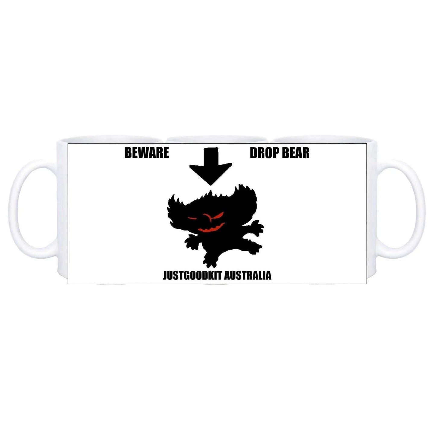Drop Bear Ceramic Mug with Australian folklore design from JustGoodKit, featuring durable Orca coating.