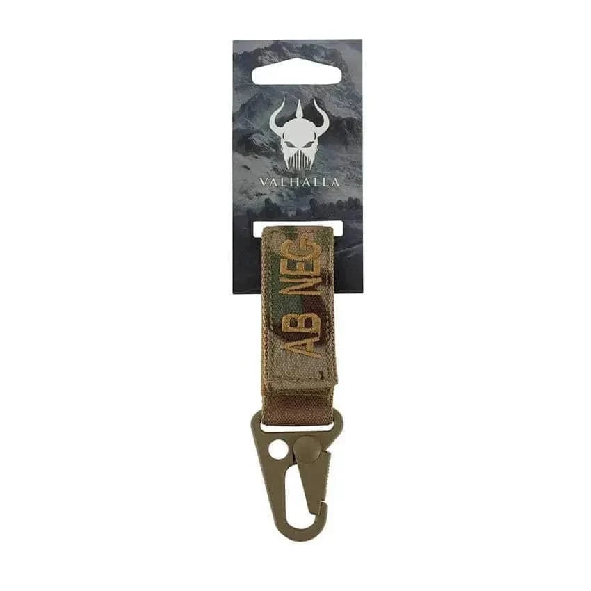 Blood Group Keychains by Valhalla with snap hook and Velcro strap, displaying AB negative blood type.