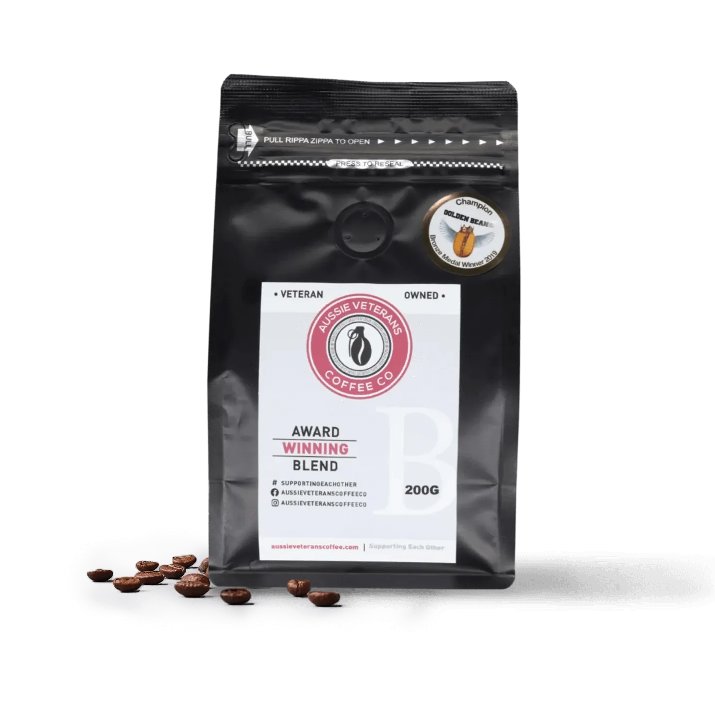BLEND BRAVO coffee bag with beans, supporting Australian veterans.