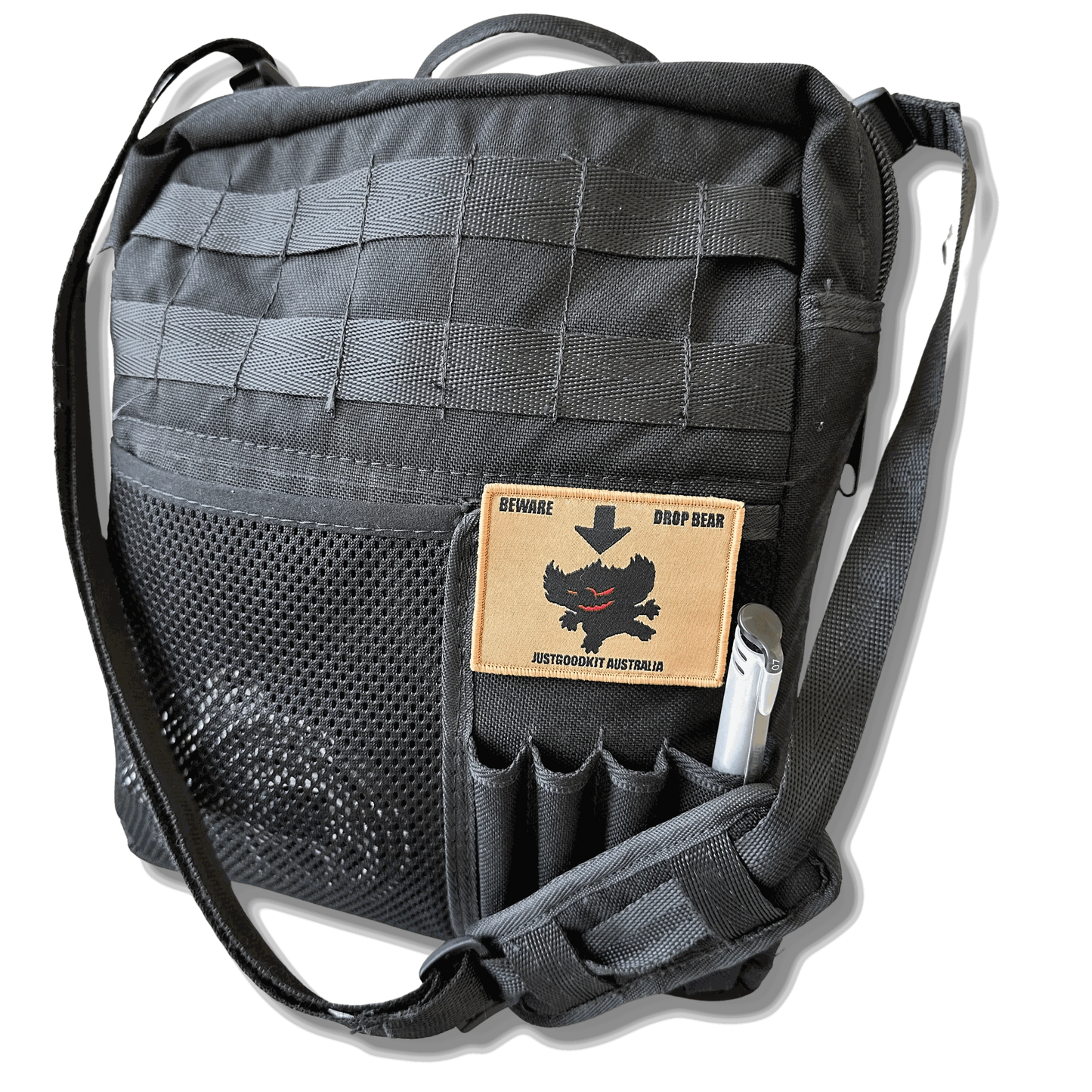 Australian Drop Bear Tactical Morale Patch on black tactical bag with Velcro attachment.