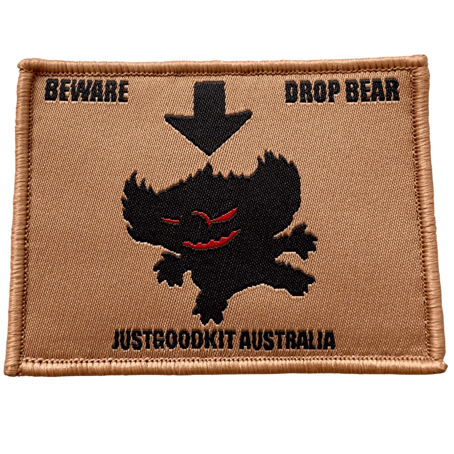 Australian Drop Bear Tactical Morale Patch, featuring a mythic creature design with red eyes and sharp teeth, perfect for outdoor gear.