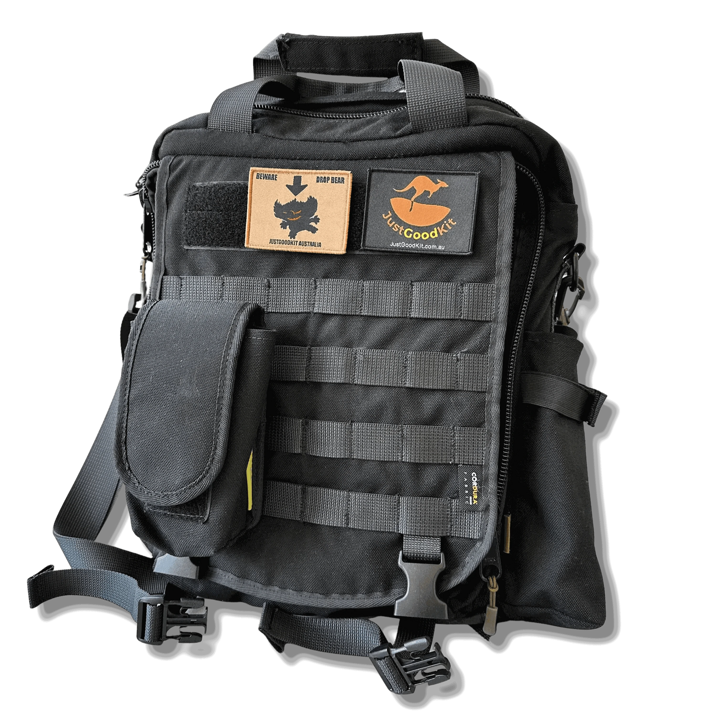 Australian Drop Bear Tactical Morale Patch on backpack, featuring mythical creature design with red demonic features.