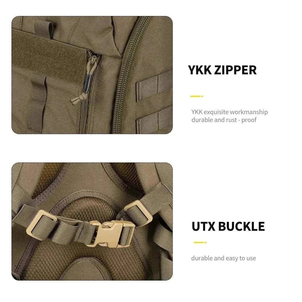 YKK zipper and UTX buckle details on a medical backpack for survival, emphasizing durability and ease of use.