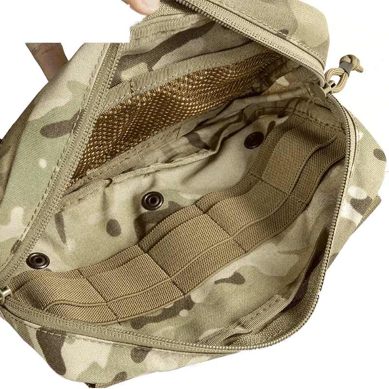 Tactical MOLLE Pouch For EDC, open view showing durable compartments, camouflage design.